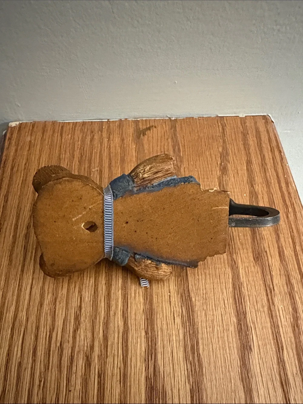 Vintage wooden Handcrafted Bear Figurine in Brown and Navy Dress Wall Hook